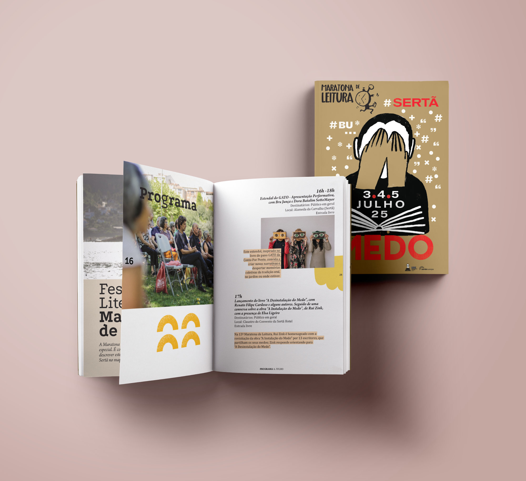 Guia de design editorial impresso para um Festival Literário, com um layout colorido