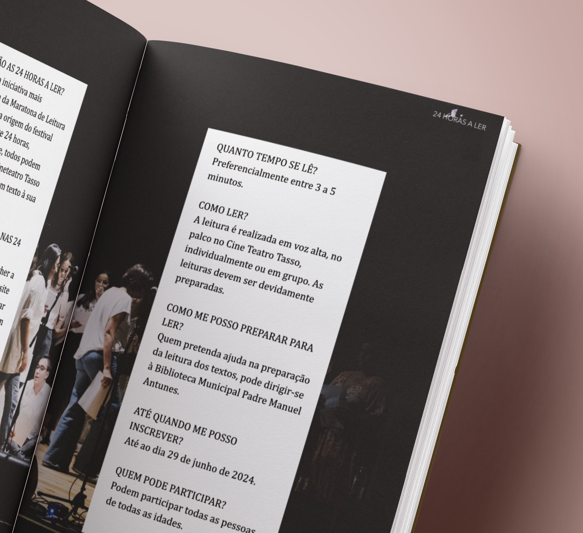 Uma fotografia de perto de uma página de um guia impresso, destacando a textura do papel e os detalhes nítidos da tipografia