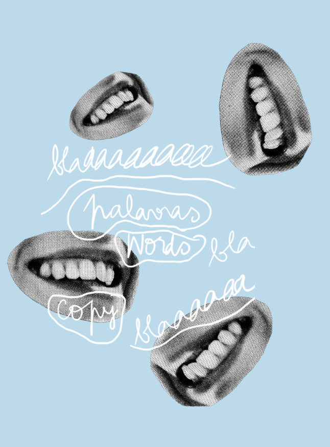 Imagem para artigo de blog sobre copywriting, com um design que integra lettering manual e ilustrações de bocas vintage