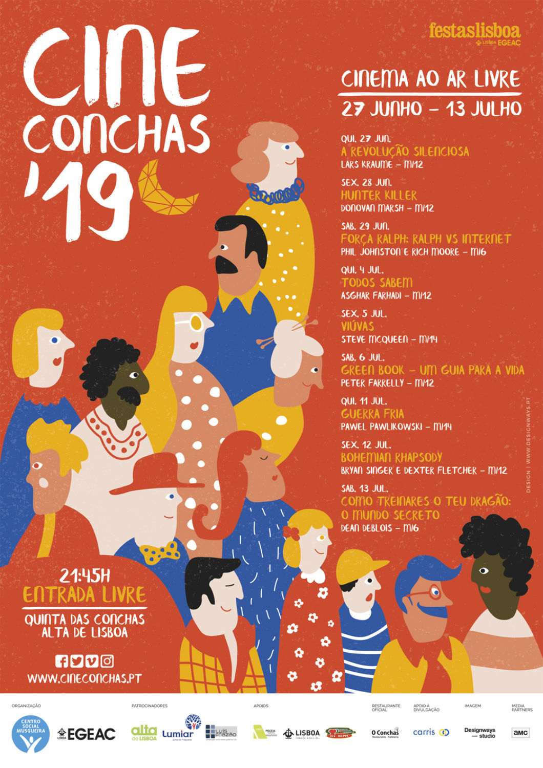 Imagem que demonstra o design de comunicação para o CineConchas, onde a ilustração é o elemento central para atrair o público ao evento e promover o convívio.