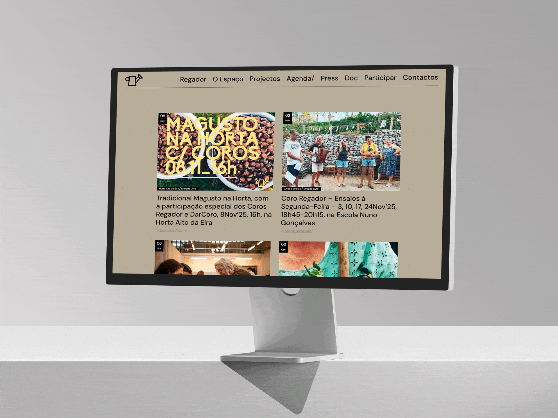 Interface do Website da Associação Regador, mostrando a sua estrutura e design limpo e acessível.