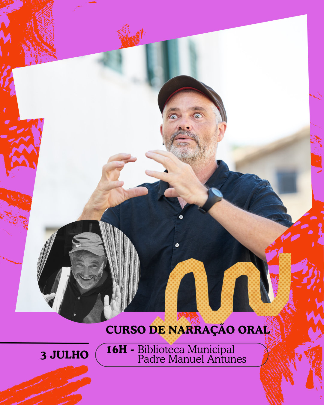 Fotografia de uma atividade do festival, com o nosso design editorial de cores fortes a destacar o evento nas redes sociais