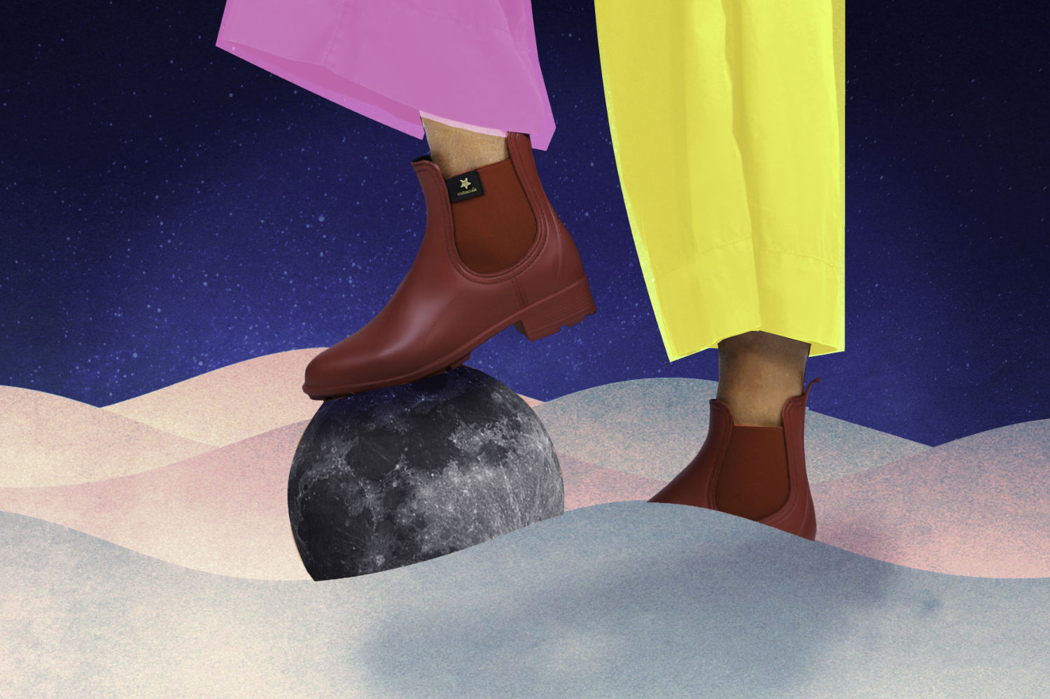 Visual da linha de Galochas, ilustrando a comunicação divertida e única que contrasta com a seriedade, apelando a um público que valoriza a descontração.