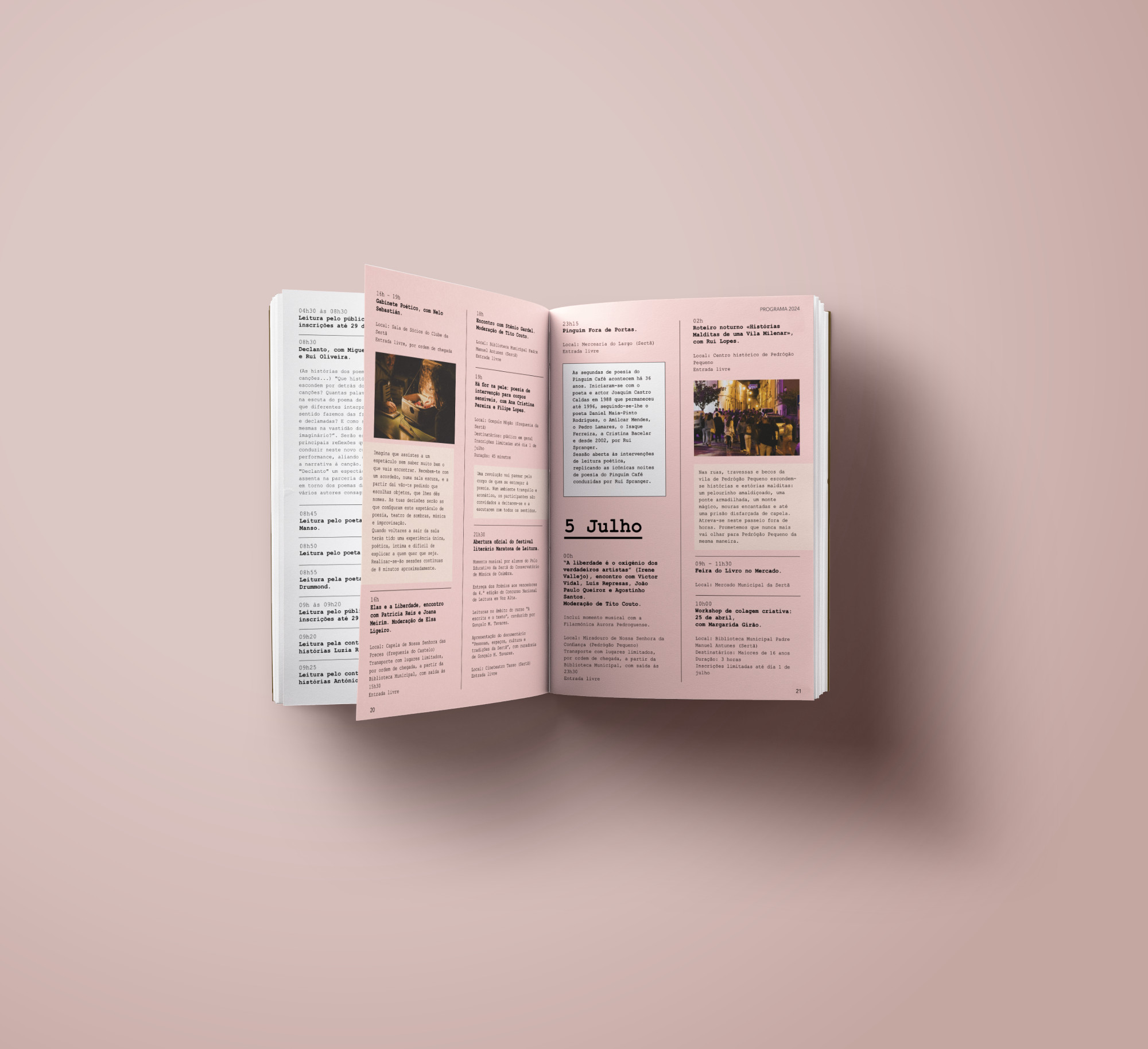 Vista de uma abertura do guia impresso, que mostra a organização clara do conteúdo e do design