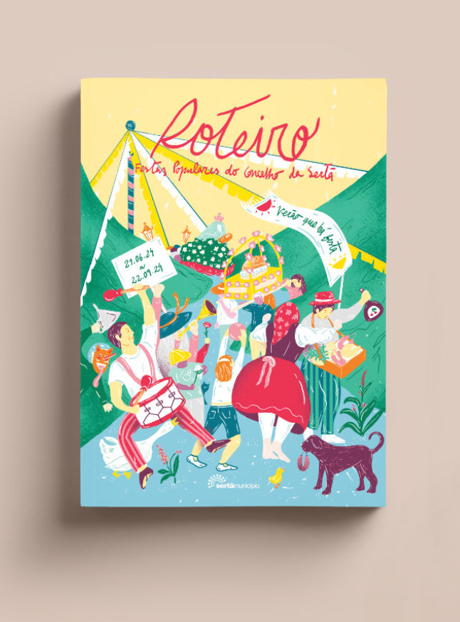 Capa de um programa de festa, com design editorial a destacar a organização visual do evento. Ilustração por Carolina Maria