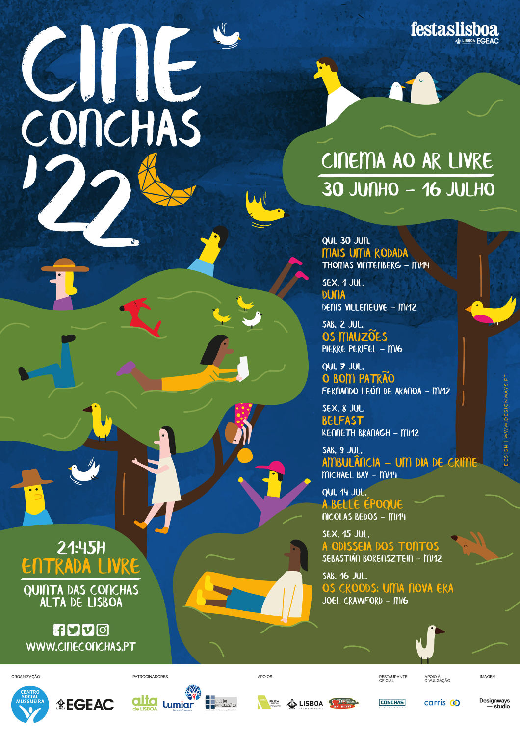 Cartaz do CineConchas, ilustrando a comunicação gráfica para o evento do Centro Social da Musgueira, com foco na acessibilidade e no entretenimento cinematográfico.