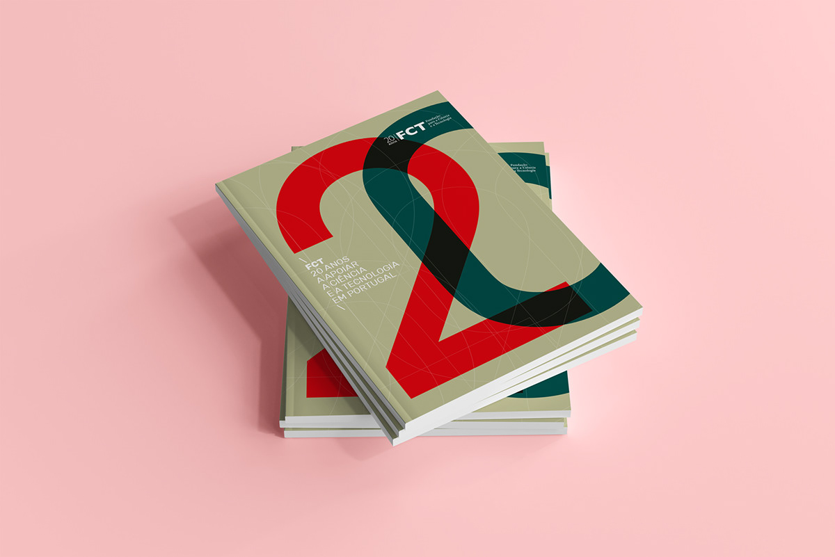 Capa da edição comemorativa dos 20 anos da Fundação para a Ciência e Tecnologia (FCT), destacando um design elegante e o simbolismo da celebração.