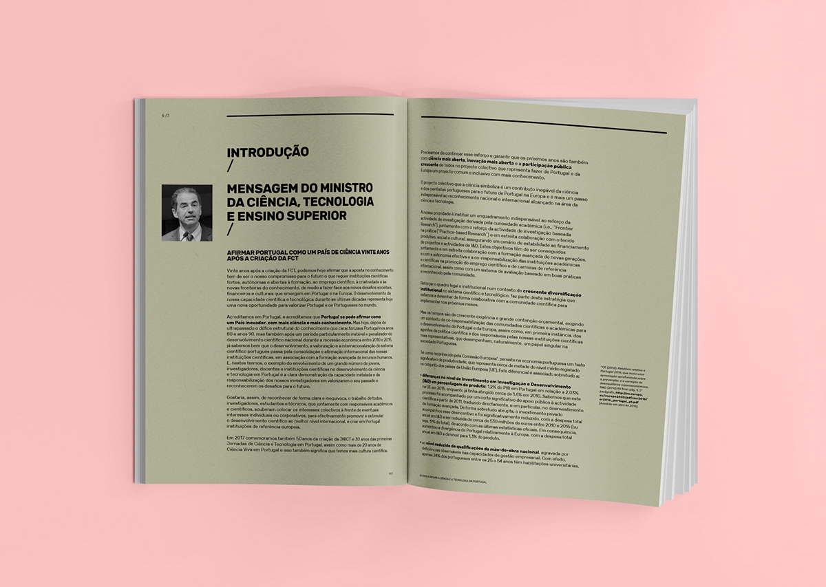 Dupla de páginas abertas de uma publicação, apresentando a introdução escrita pelo Ministro da Ciência, Tecnologia e Ensino Superior.