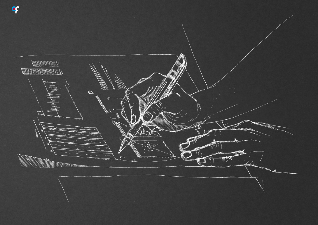 Ilustração da capa de investigação, desenhada à mão com lápis e giz, destacando o rigor e o detalhe no retrato das figuras científicas.