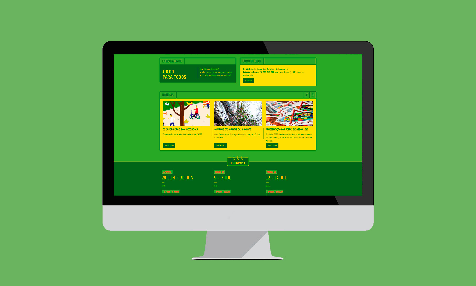 Interface do website do festival, destacando a sua funcionalidade e design, resultado da nossa intervenção em Programação e Gestão Web contínua.